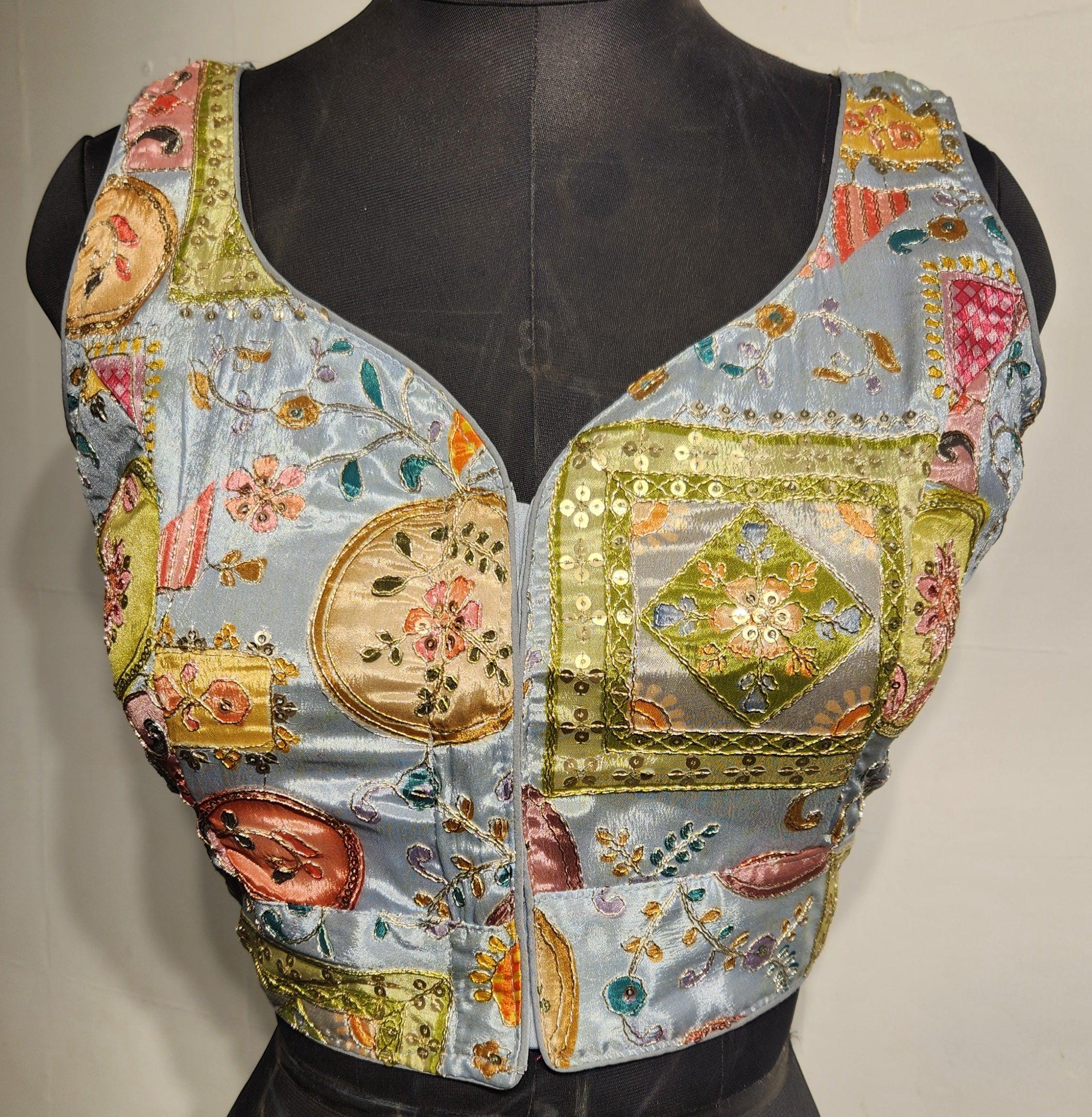 Grey readymade blouse with sequins, zari embroidery, and multicolor print