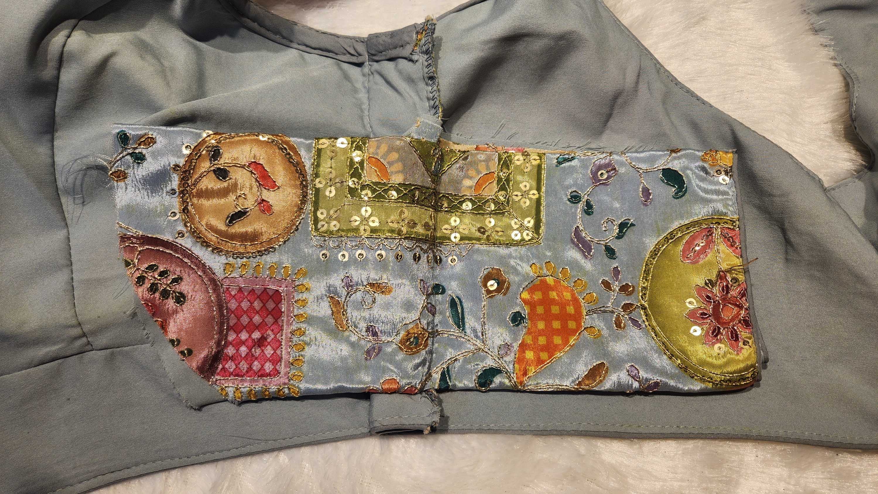 Grey Readymade Blouse with Sequins and Zari Embroidery