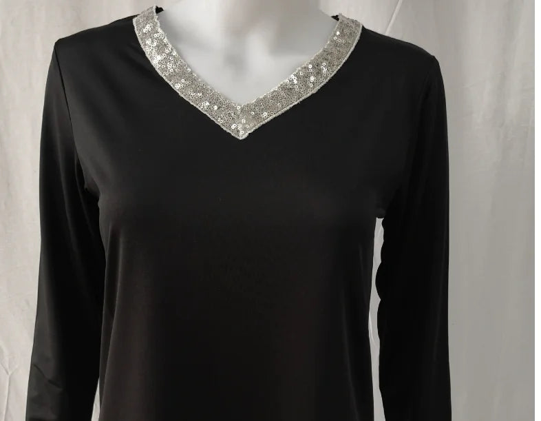 Women's Black Long Sleeve V Neck T-Shirt with Sequin Trim - Image 15