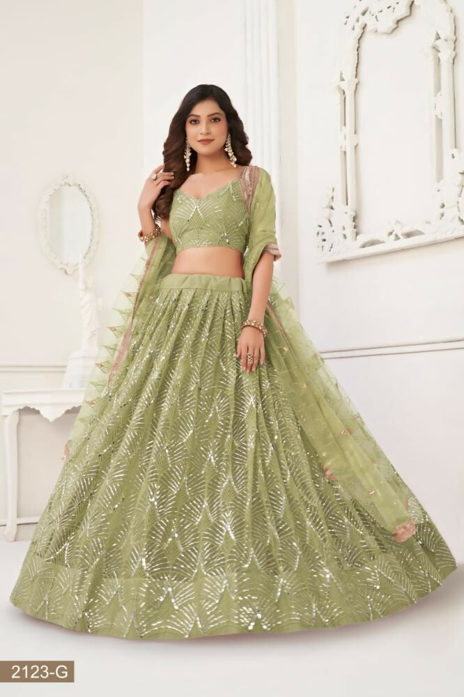Pista Green Butterfly Net Lehenga with Mirror and Sequence Work