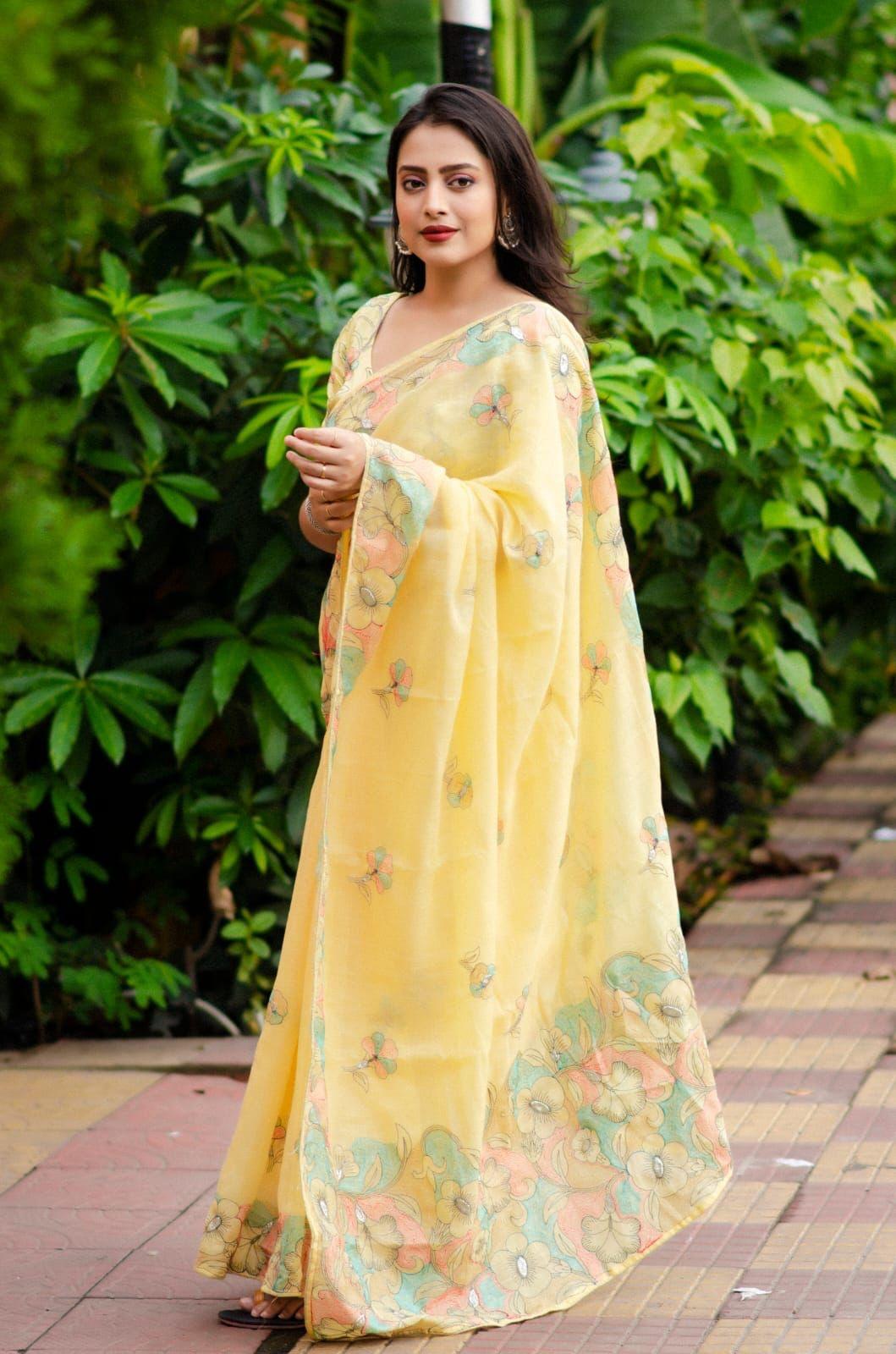 Yellow Pure Linen Saree with Ethnic Motif Embroidery