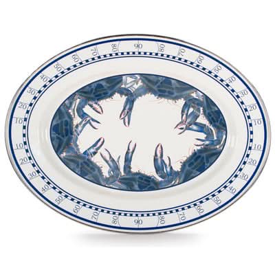 12 x 16 inch blue crab patterned oval enamelware platter with stainless steel rim