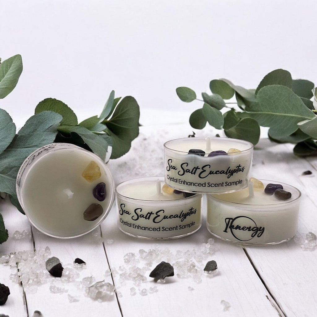 Sea Salt Eucalyptus, Premium Coconut-Soy Wax Tea Light Crystal Candle, 1oz