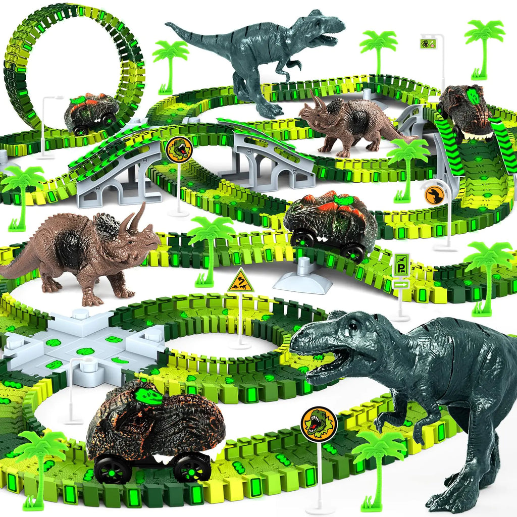 Dinosaur Toys for Kids 3-5 Create A Dinosaur World Road Race Tracks Glow in The Dark Flexible Train Track Playset 2 Dinosaur Car for 3 4 5 6 Year Old Boys Girls Christmas Birthday Gift
