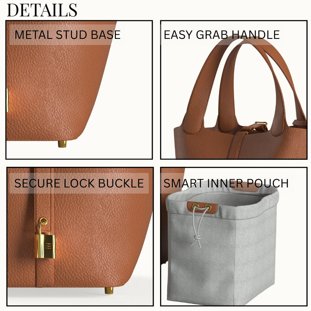 Leather Bucket Bag with Drawstring Pouch and Secure Lock Buckle