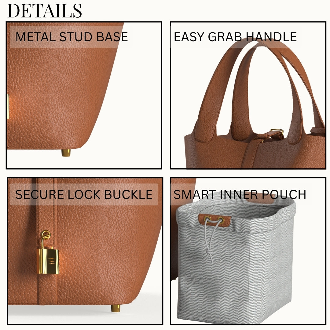 Leather Bucket Bag with Drawstring Pouch and Secure Lock Buckle