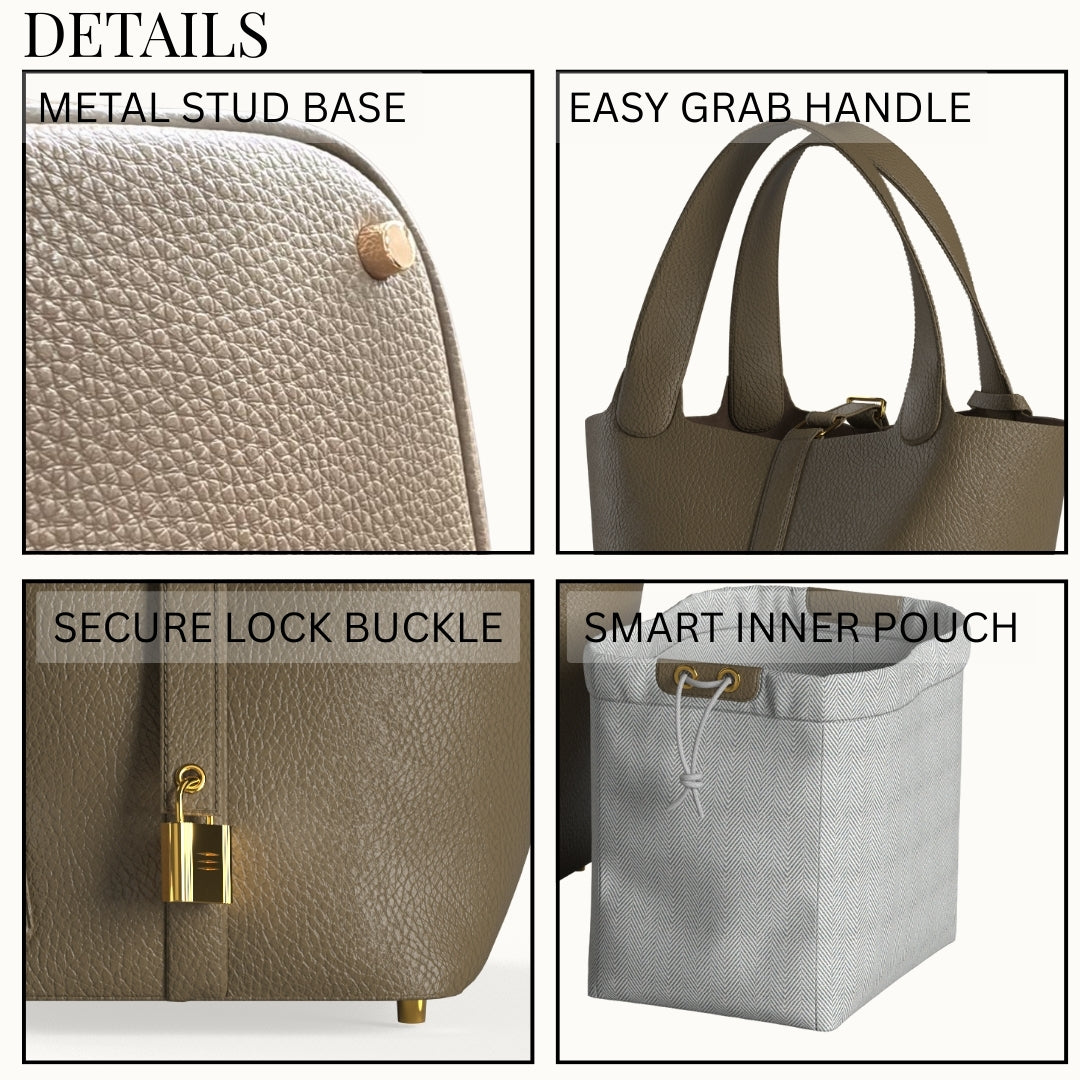 Leather Bucket Bag with Drawstring Pouch and Secure Lock Buckle