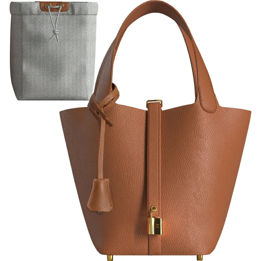 Leather Bucket Bag with Drawstring Pouch and Secure Lock Buckle