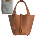 Leather Bucket Bag with Drawstring Pouch and Secure Lock Buckle