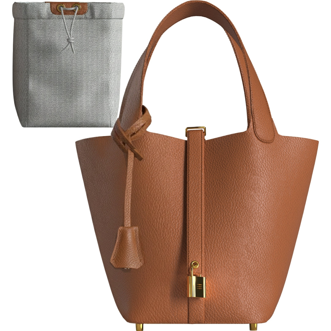 Leather Bucket Bag with Drawstring Pouch and Secure Lock Buckle