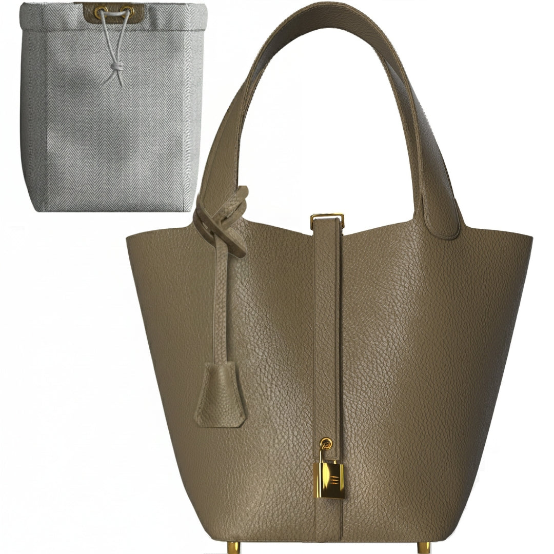 Leather Bucket Bag with Drawstring Pouch and Secure Lock Buckle