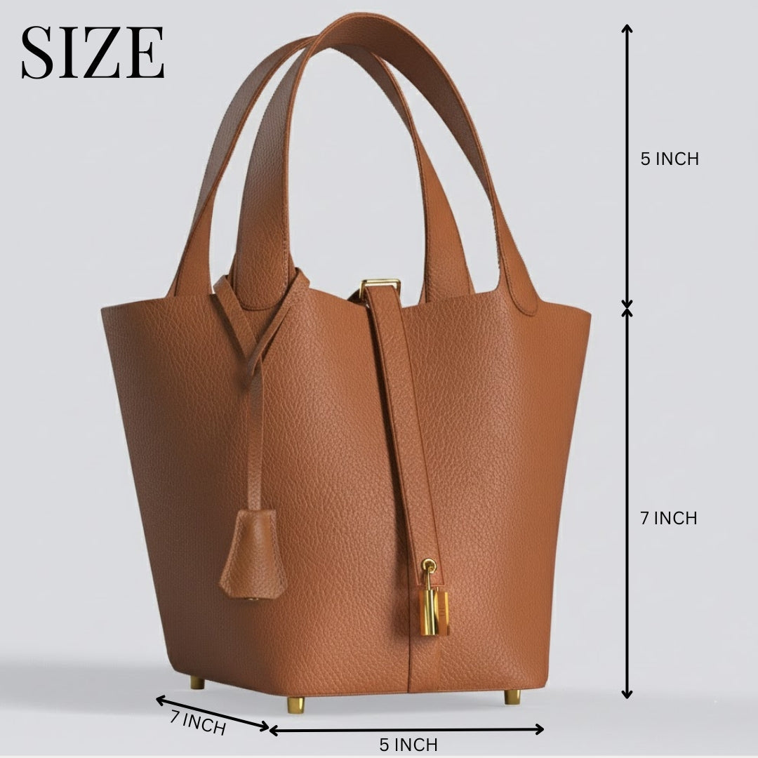 Leather Bucket Bag with Drawstring Pouch and Secure Lock Buckle