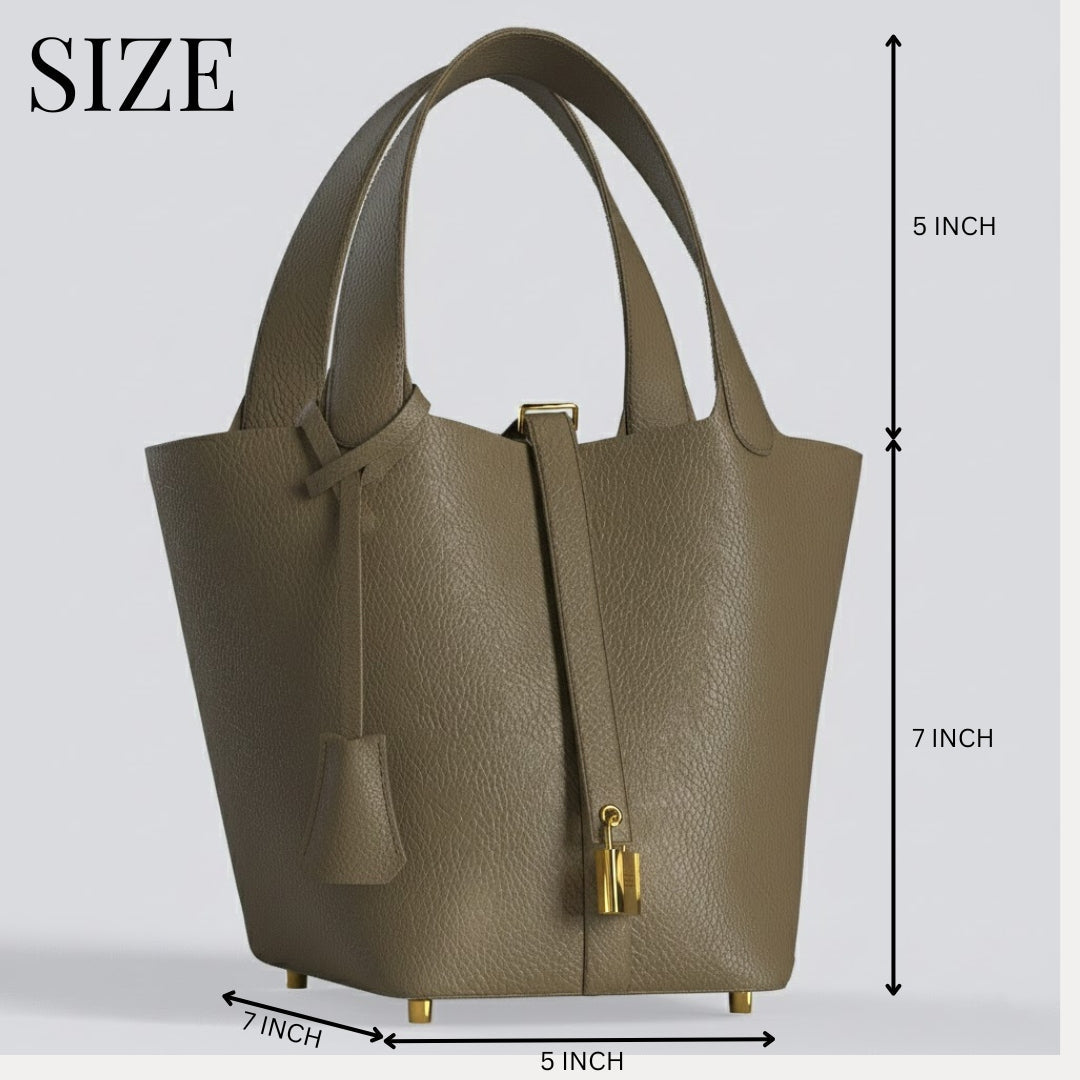 Leather Bucket Bag with Drawstring Pouch and Secure Lock Buckle