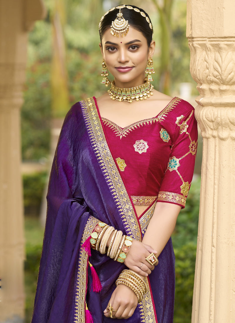 Vegaa Fashion Violet Georgette Embroidered Wedding Wear Saree