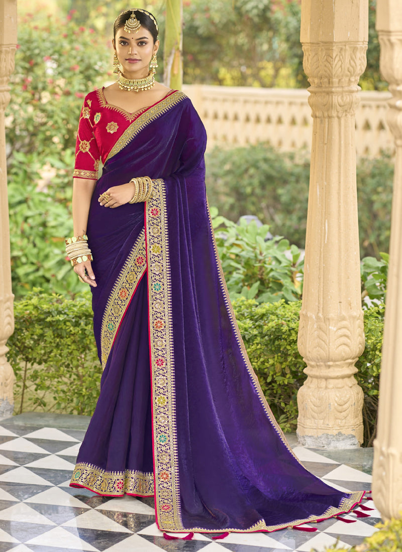 Vegaa Fashion Violet Georgette Embroidered Wedding Wear Saree