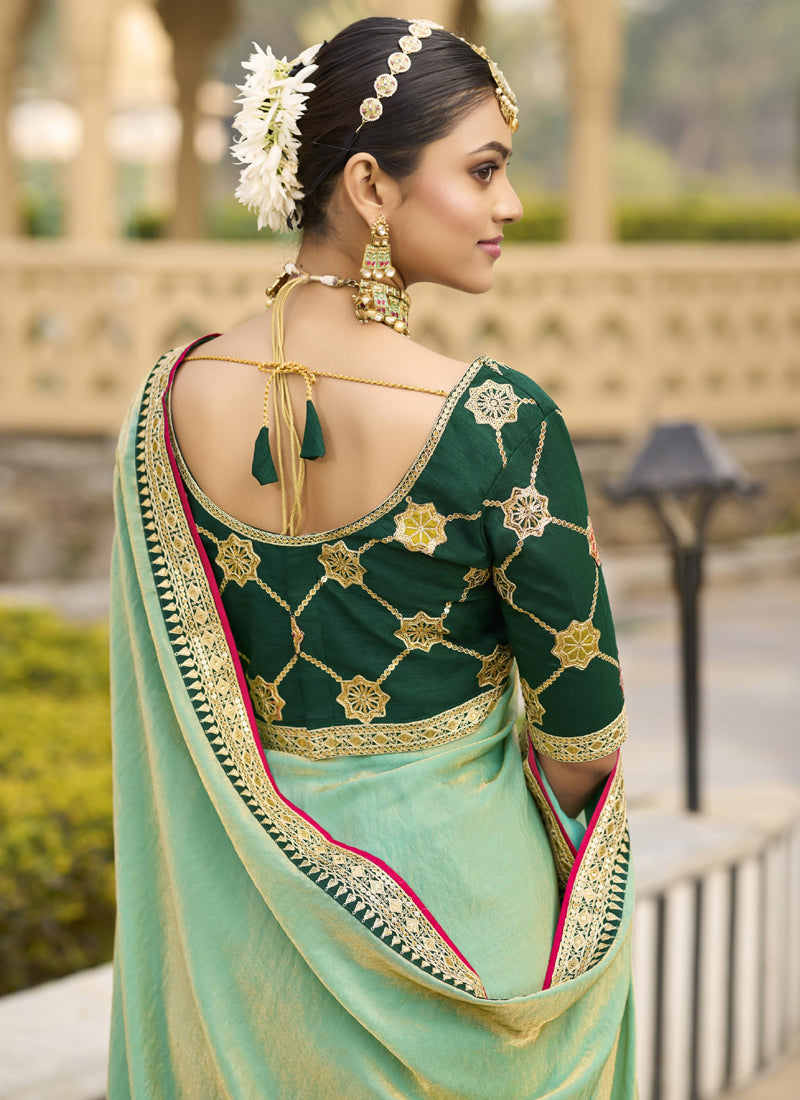 Light Green Georgette Embroidered Saree with Matching Blouse