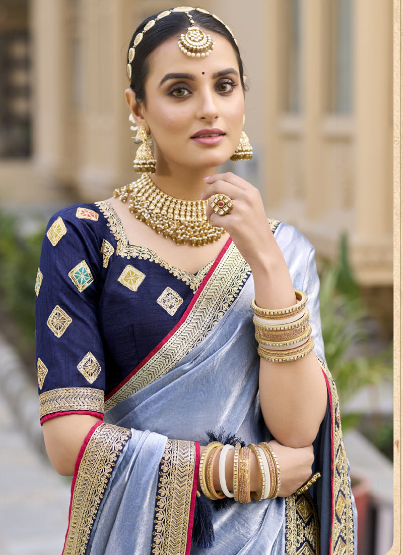 Lavender Georgette Embroidered Saree for Wedding Party Wear