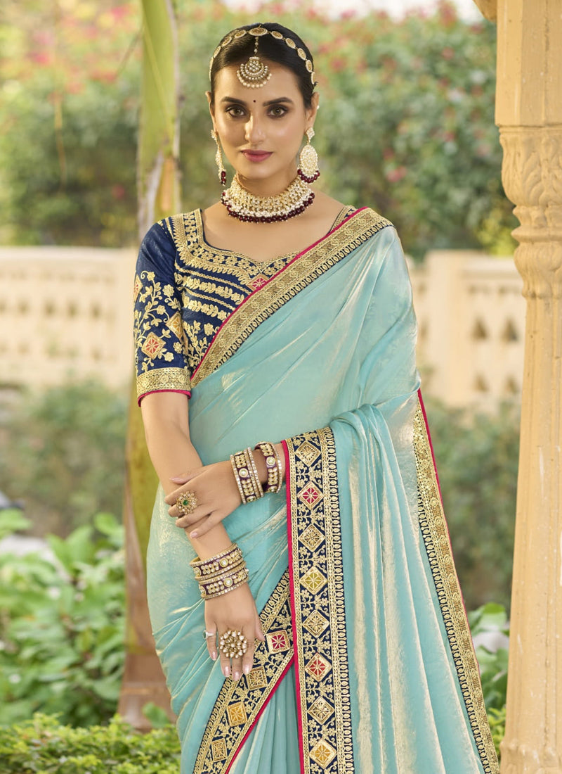 Sky Blue Georgette Embroidered Wedding Wear Saree