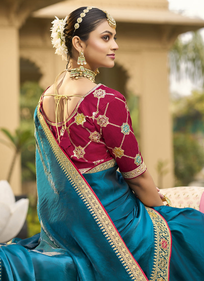 Aqua Blue Georgette Embroidered Saree for Wedding Wear