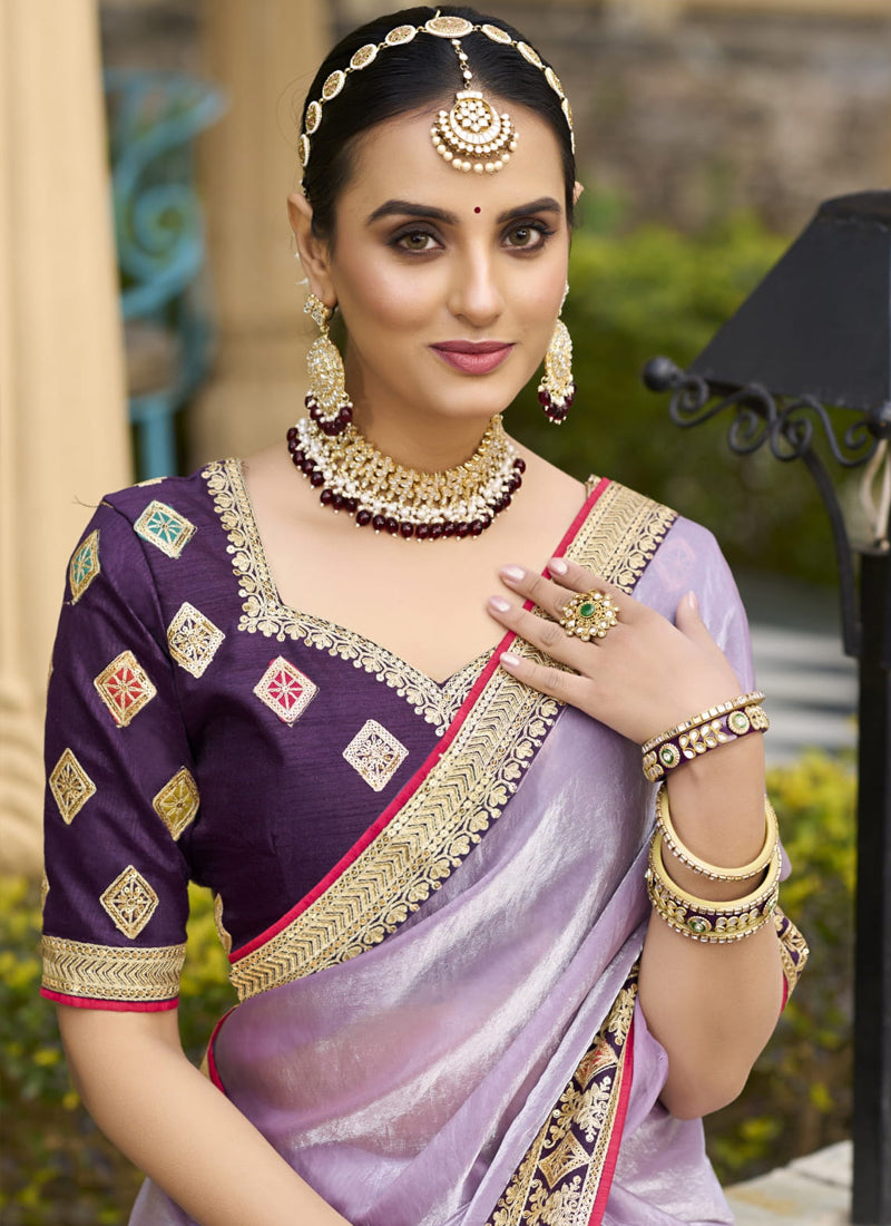 Vegaa Fashion Lavender Georgette Embroidered Wedding Wear Saree