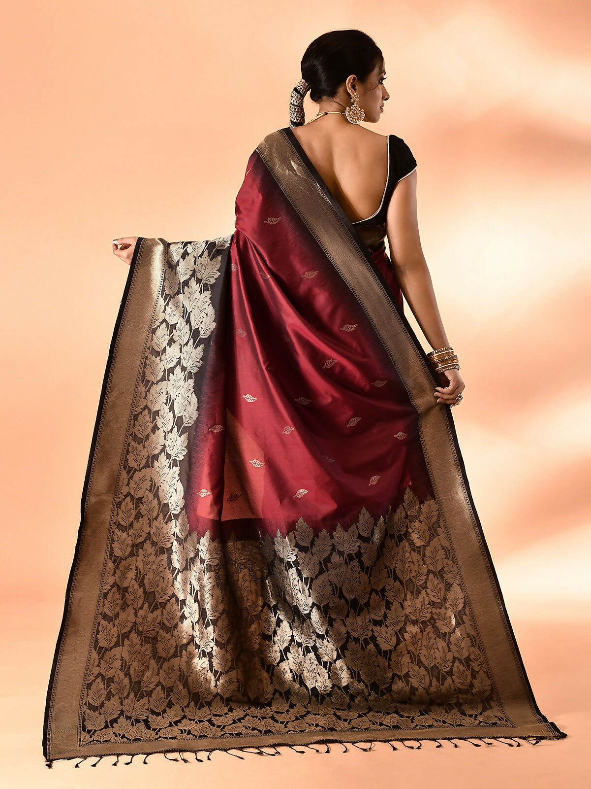 Maroon & Black Plain Banarasi Silk Saree with Detailed Weaving Border