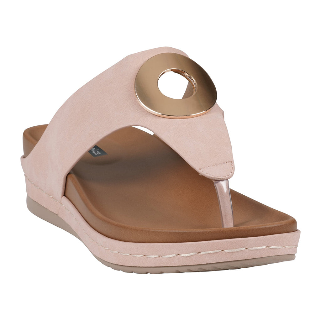 Women's Blush Pink Seli Thong Wedge Sandals with Gold Metallic Ring Accent