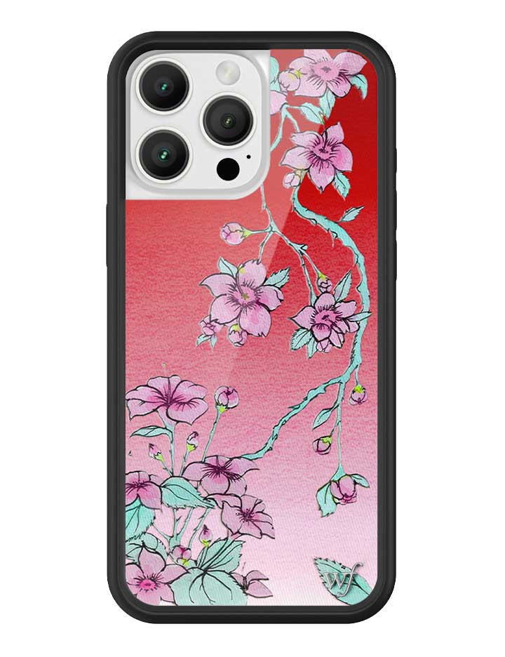 Serena Floral iPhone case with red gradient background and pink floral illustration, featuring a black protective rubber bumper.