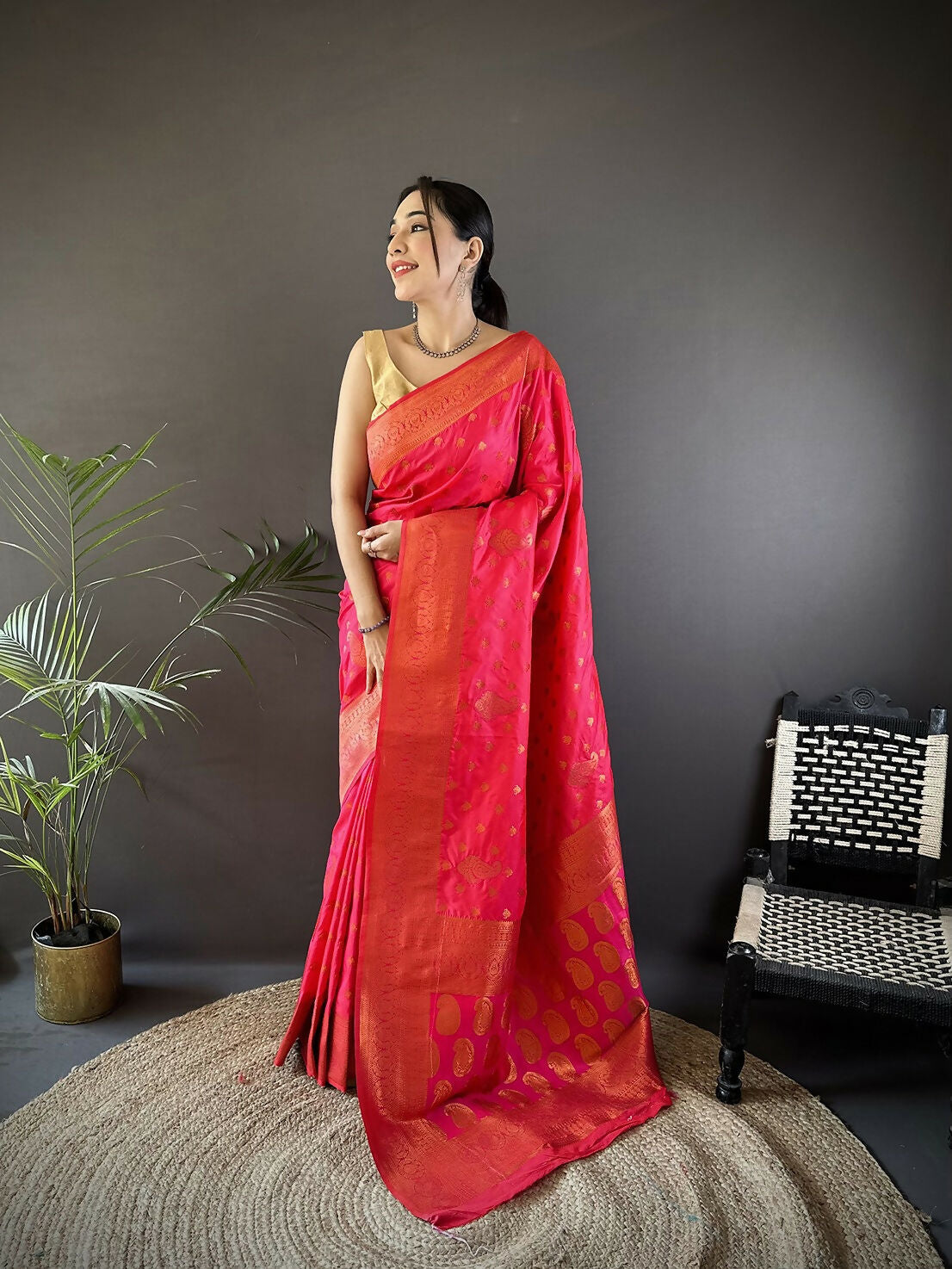Hot Pink Banarasi woven soft silk saree with traditional woven patterns