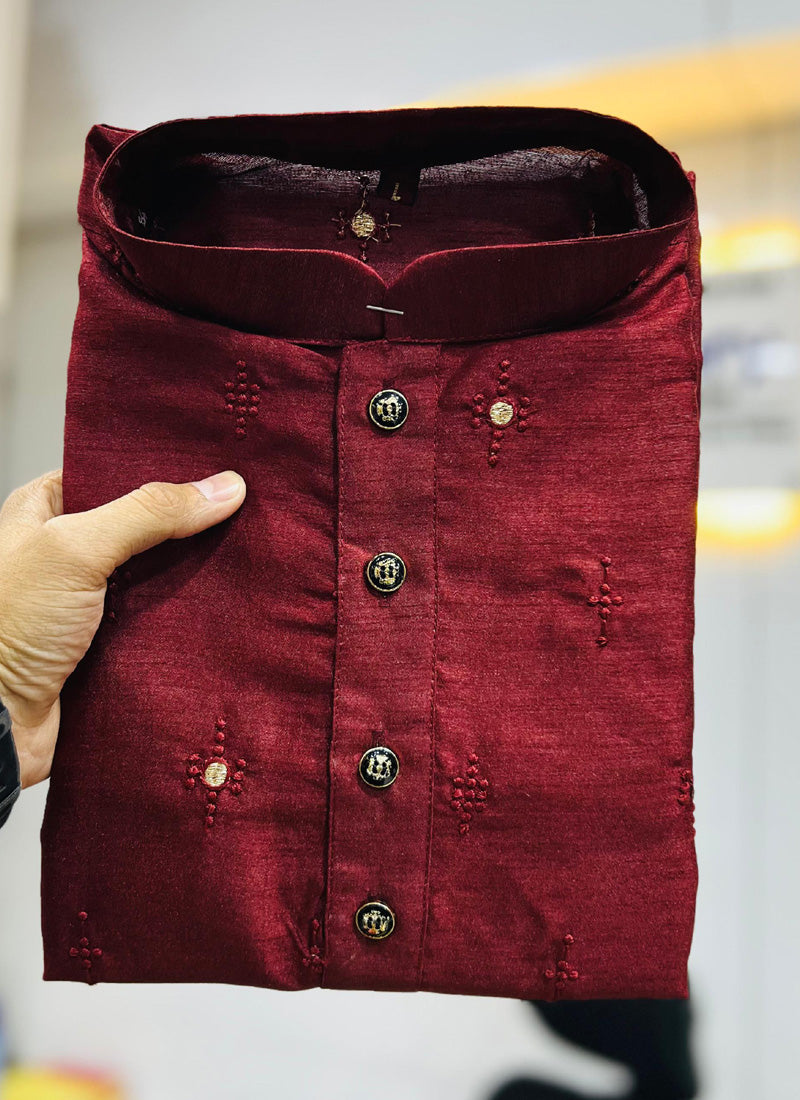 Maroon Silk Embroidered Kurta with Pajama for Toddler Boys