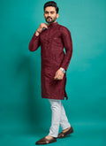 Boys maroon silk kurta with detailed embroidery and matching pajama