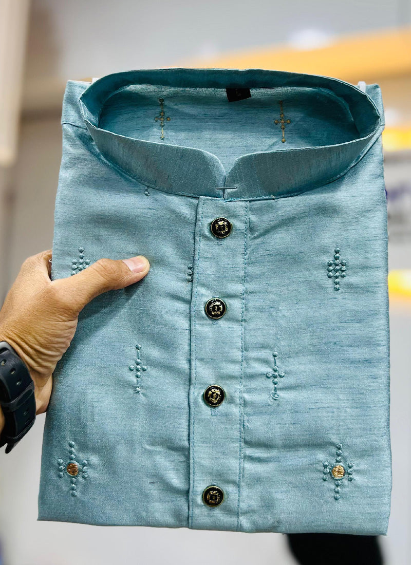 Sky Blue Silk Embroidered Kurta and Pajama Set for Boys