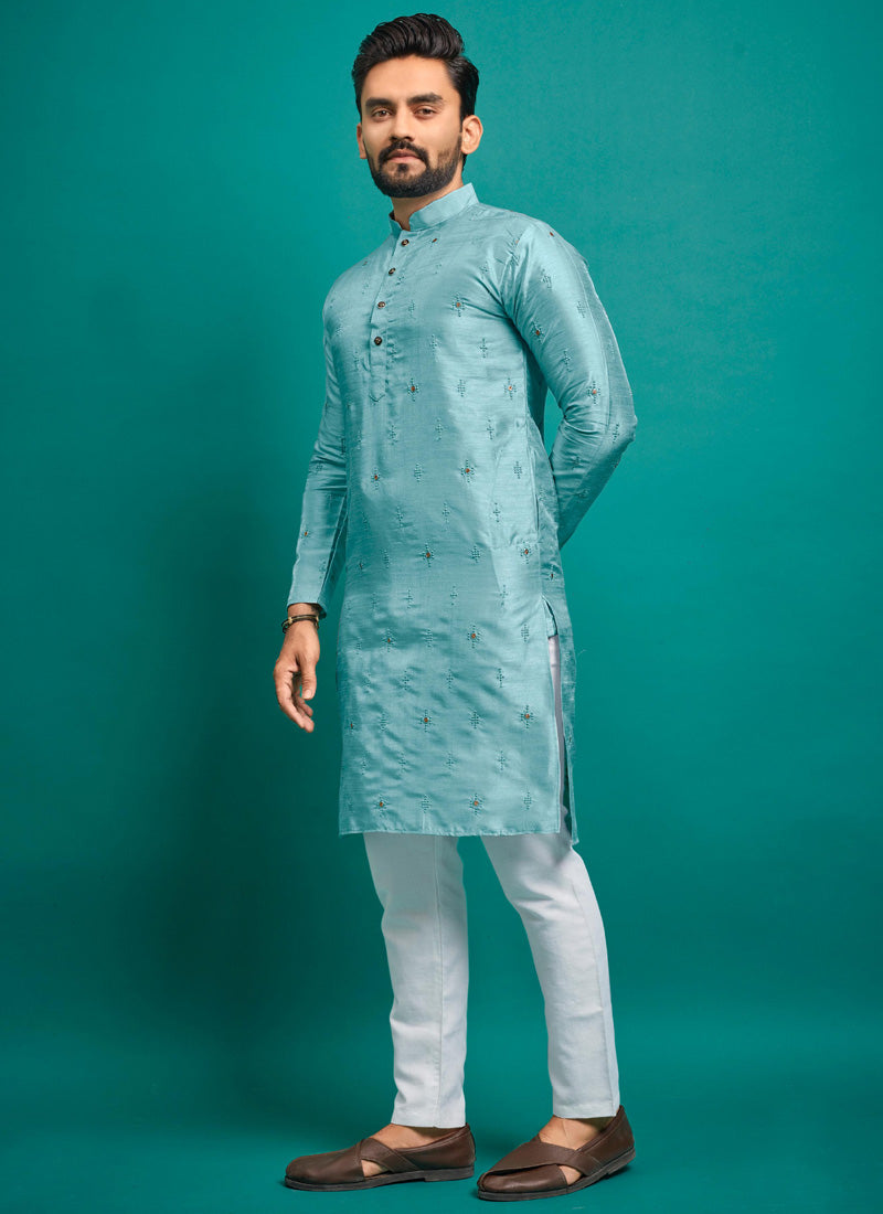 Sky blue silk kurta with intricate embroidery and matching pajama for boys