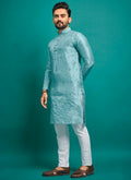 Sky blue silk kurta with intricate embroidery and matching pajama for boys