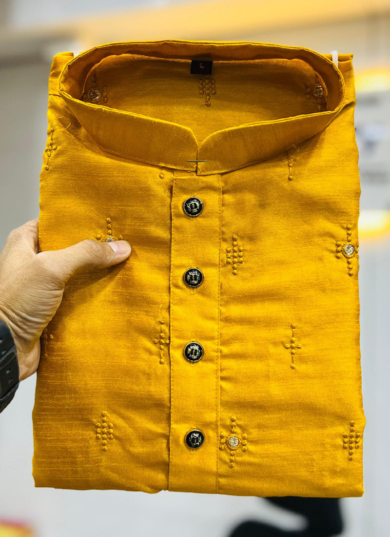Yellow Silk Embroidered Kurta and Pajama Set for Baby Boys