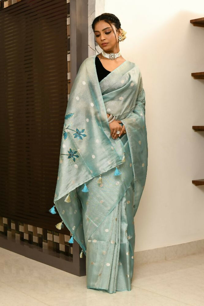 Joban Fashion Firozi Saree Tissue Zari Buti Anchal Applick With Contrast Blouse