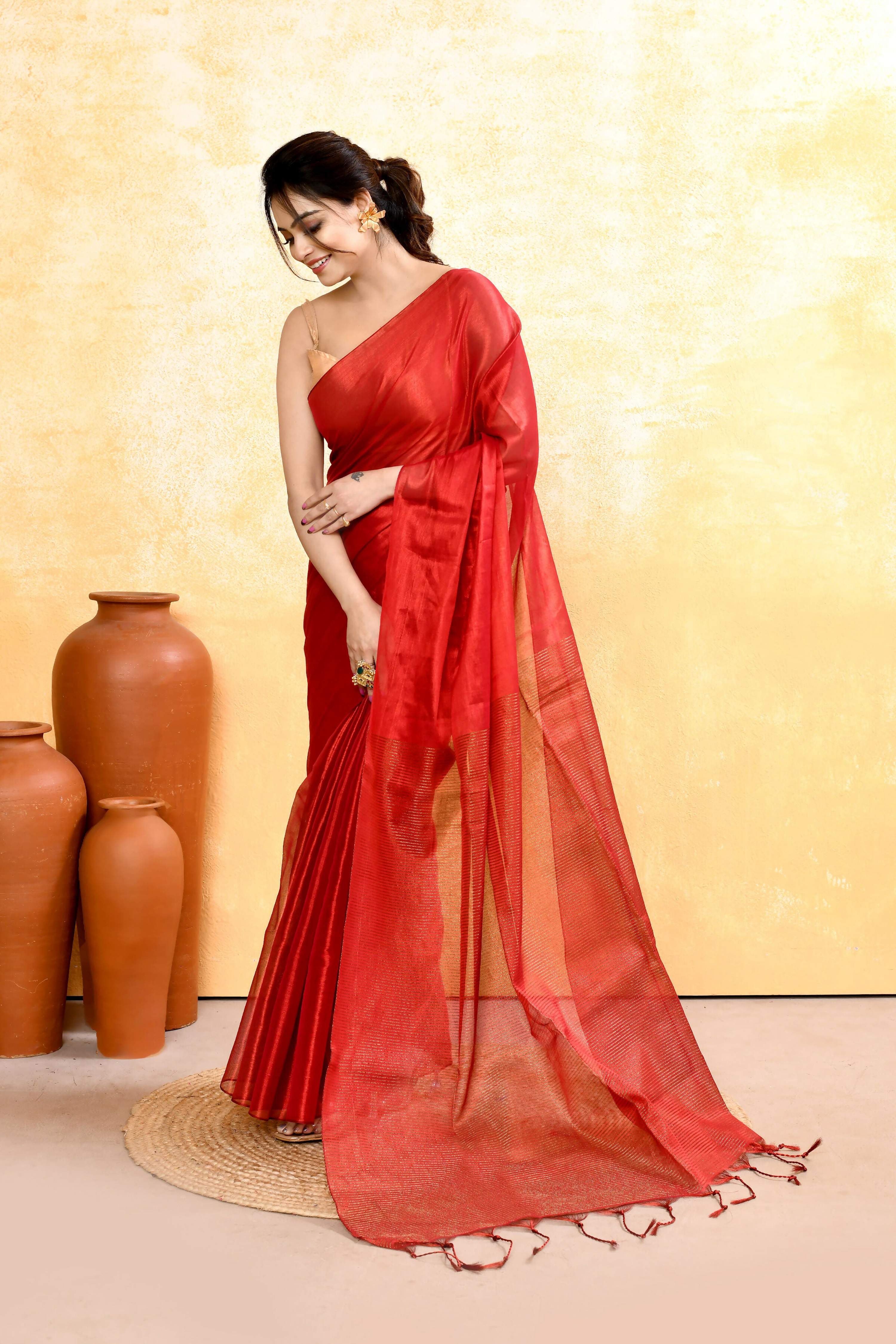 Red Dual Tone Organic Tissue Saree with Unstitched Blouse Piece