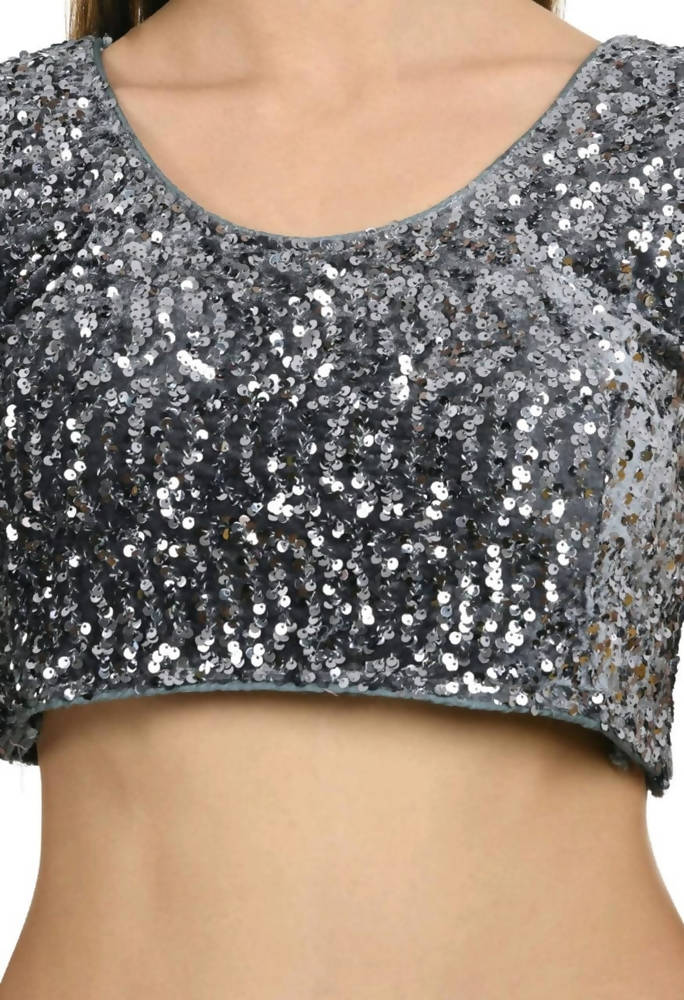 Gray and Blue Ruffled Ready-to-Wear Lycra Saree with Sequin Blouse