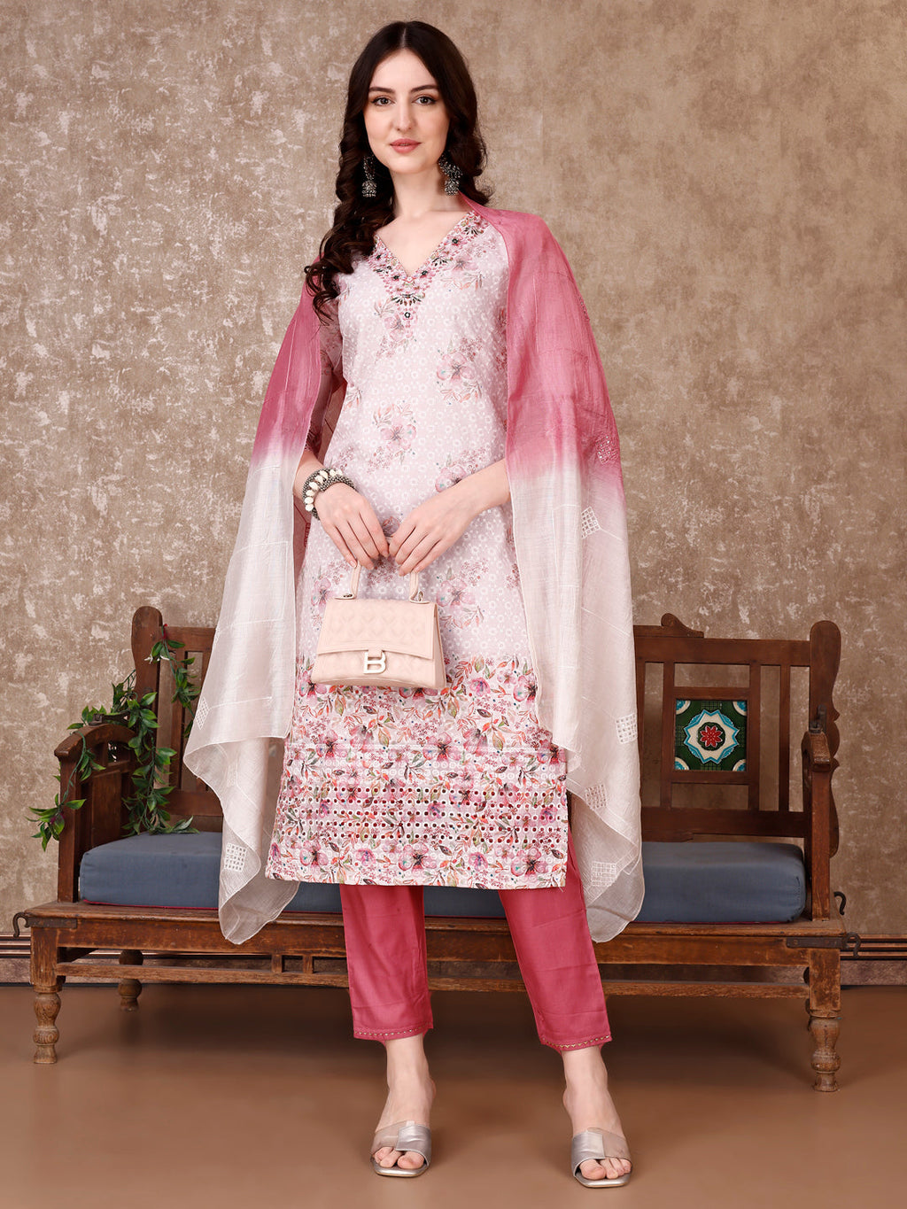 Hand Embroidered & Floral Printed Kurta With Pant & Dupatta Luxury, Multicolor - Hiral Fashion