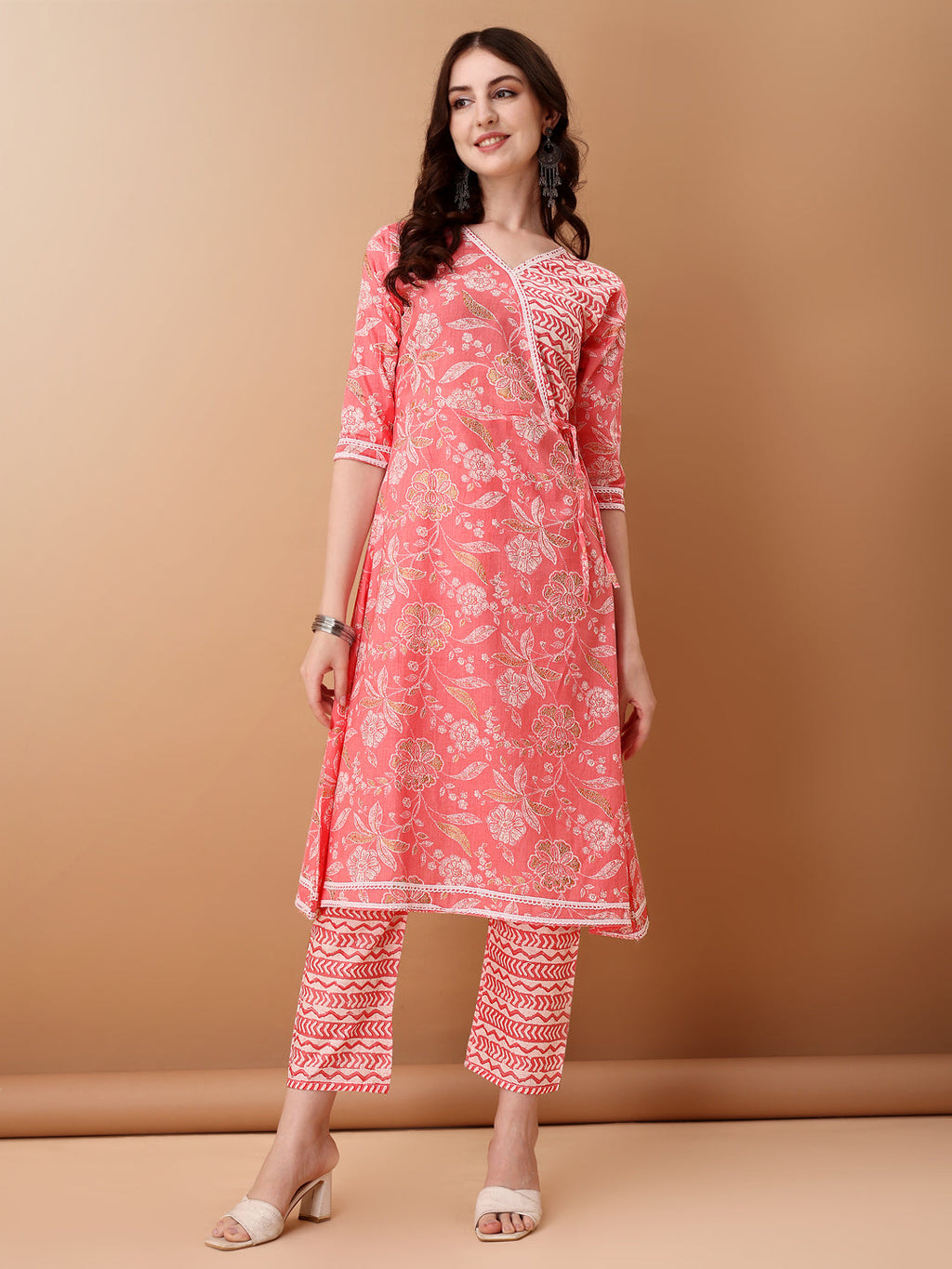 Floral Printed Angrakha Style A-Line Kurta Set with Dupatta