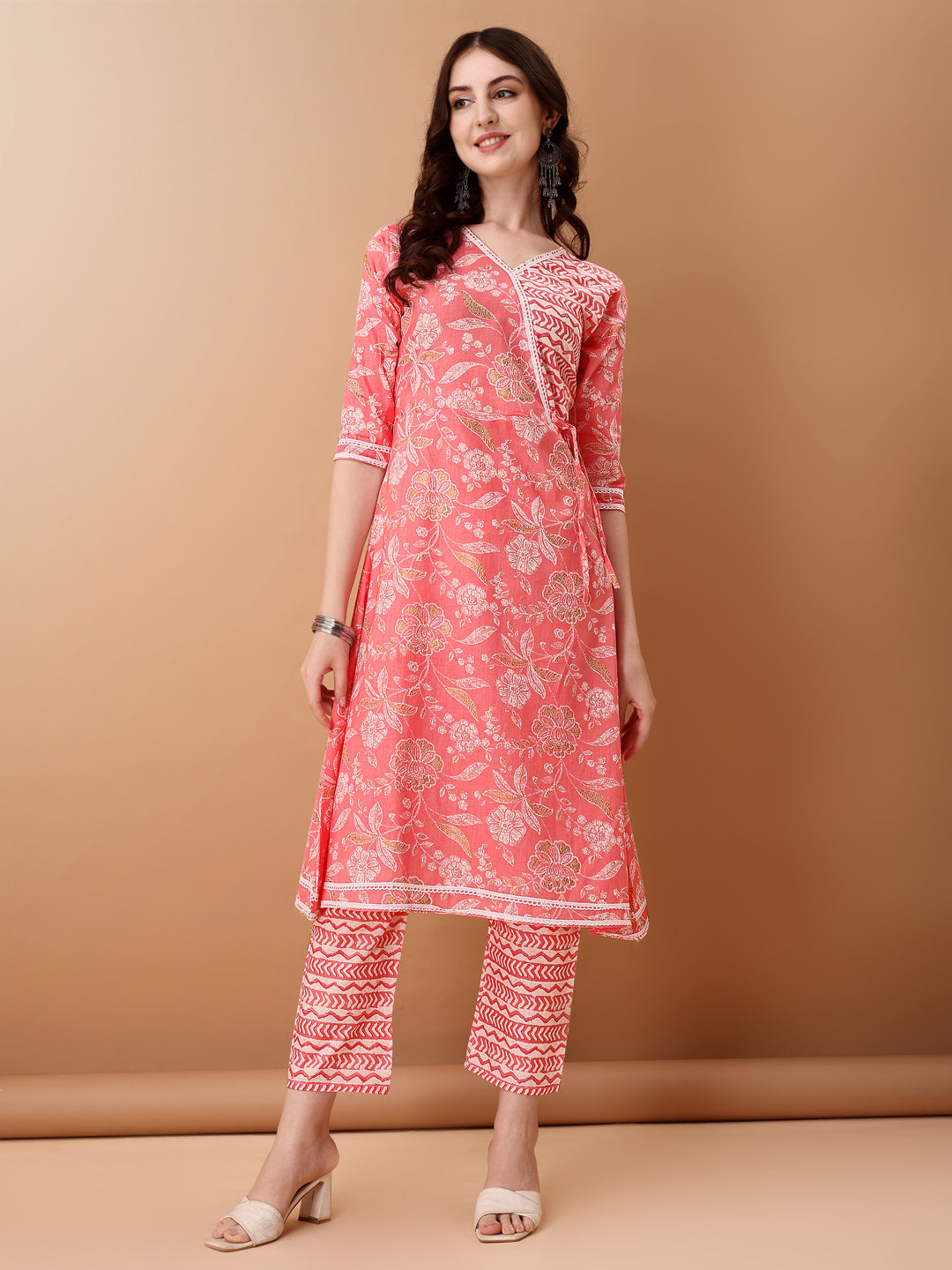 Floral Printed Angrakha Style A-Line Kurta Set with Dupatta