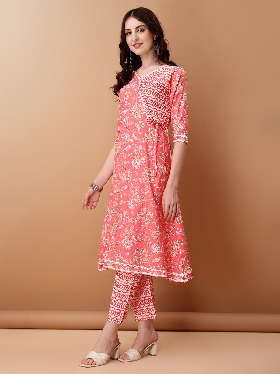 Floral Printed Angrakha Style A-Line Kurta Set with Dupatta