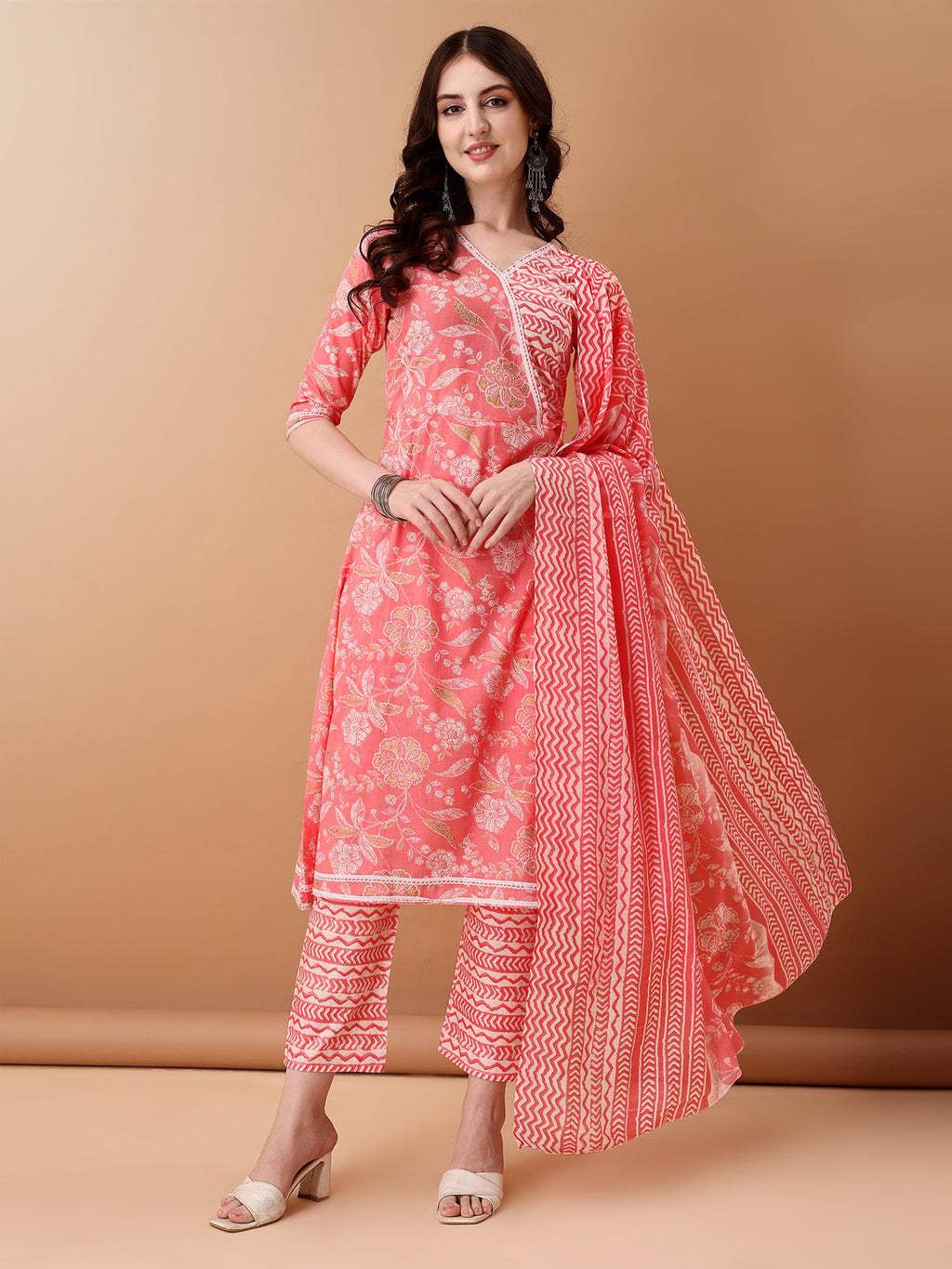 Pink floral printed Angrakha style A-line cotton kurta with pant and dupatta