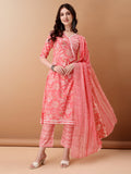 Pink floral printed Angrakha style A-line cotton kurta with pant and dupatta