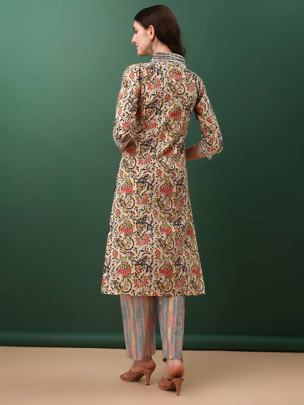 Cream Sequined and Mirror Embroidered Printed Kurta Set