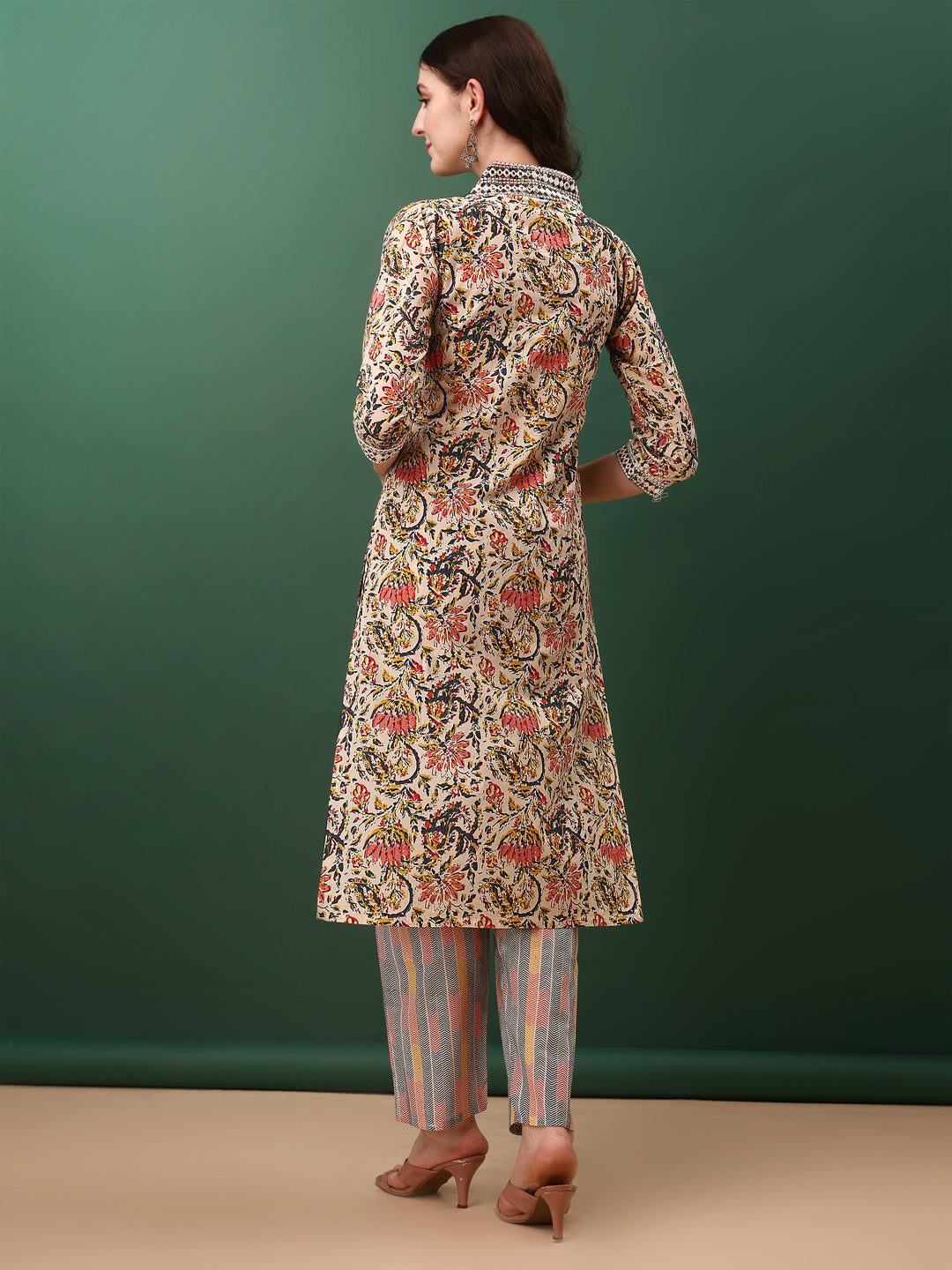 Cream Sequined and Mirror Embroidered Printed Kurta Set