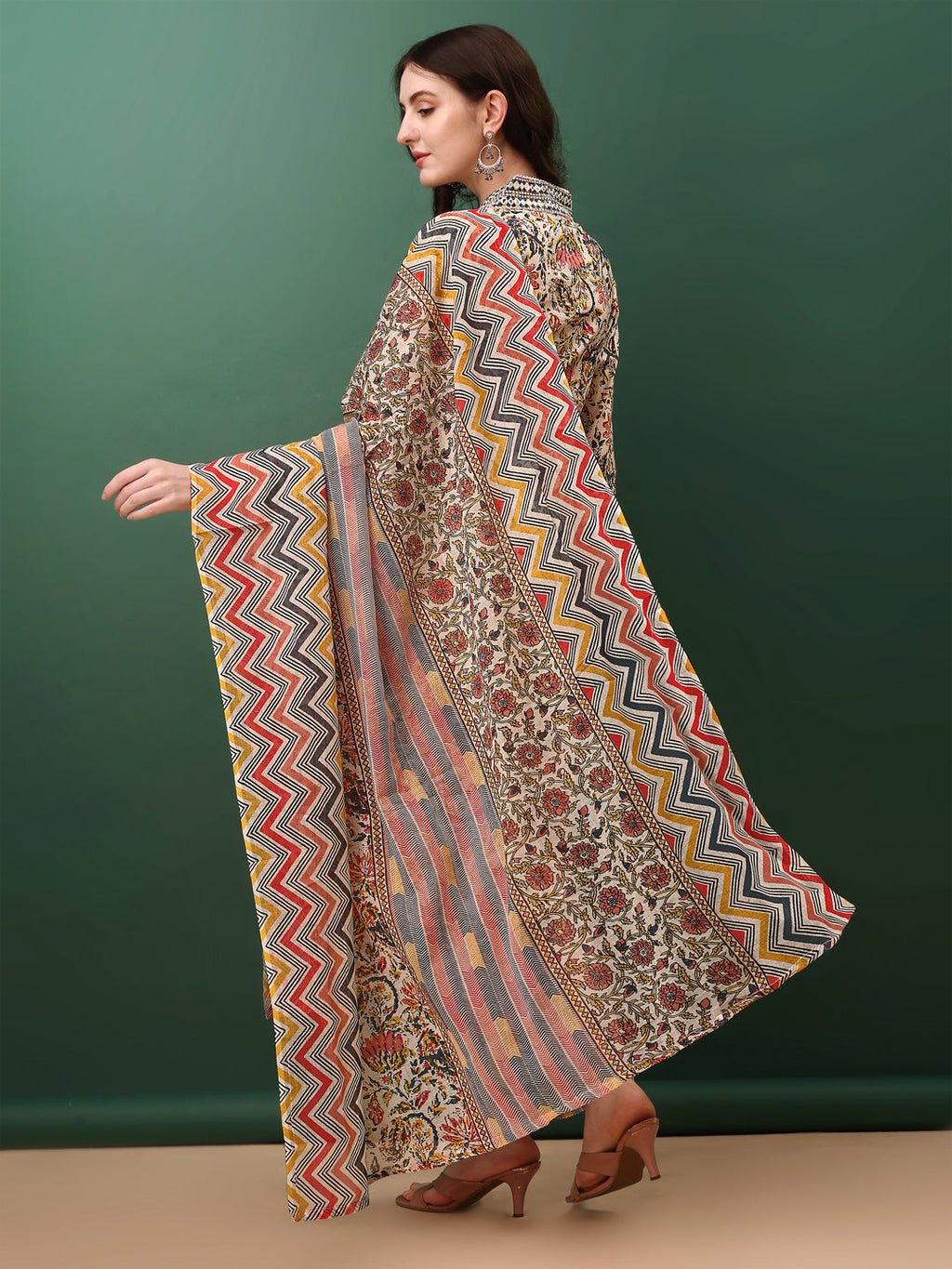 Cream Sequined and Mirror Embroidered Printed Kurta Set