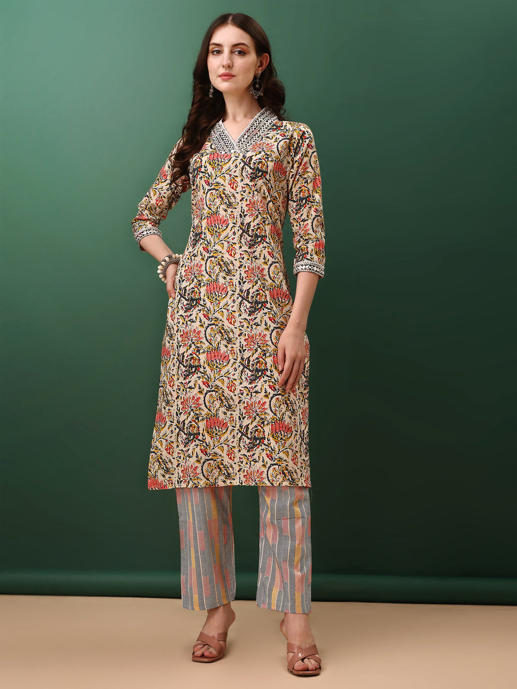 Cream Sequined and Mirror Embroidered Printed Kurta Set