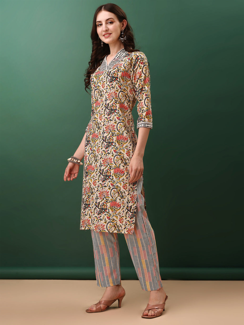Cream Sequined and Mirror Embroidered Printed Kurta Set