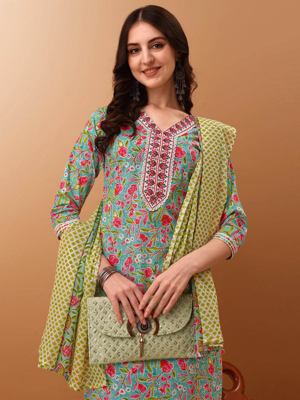 Embroidered & Floral Printed Kurta With Pant & Dupatta, Green - Hiral Fashion