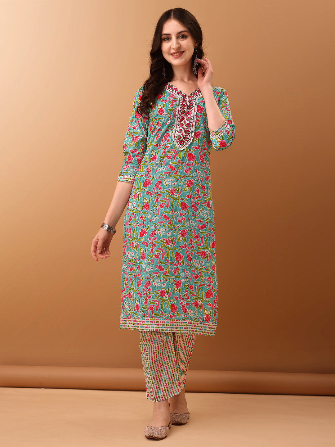 Embroidered & Floral Printed Kurta With Pant & Dupatta, Green - Hiral Fashion